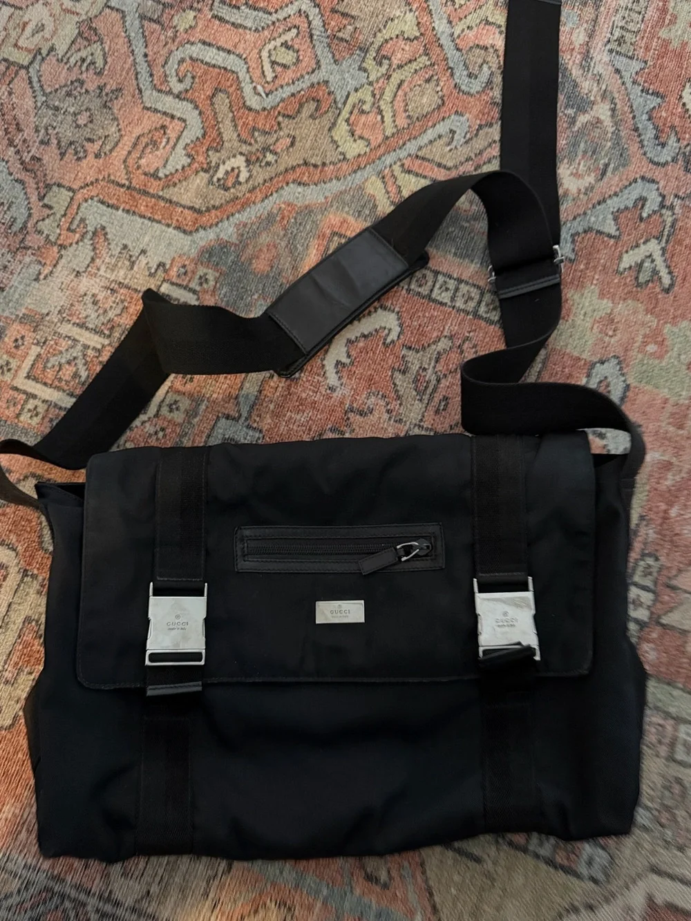 Vintage Gucci Nylon Messenger Bag with Silver Hardware